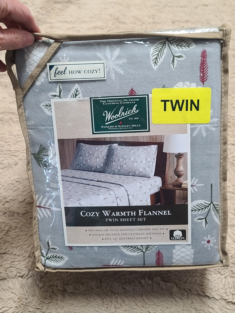 New In Package Woolrich Twin Flannel Sheet Set, Winter Foliage